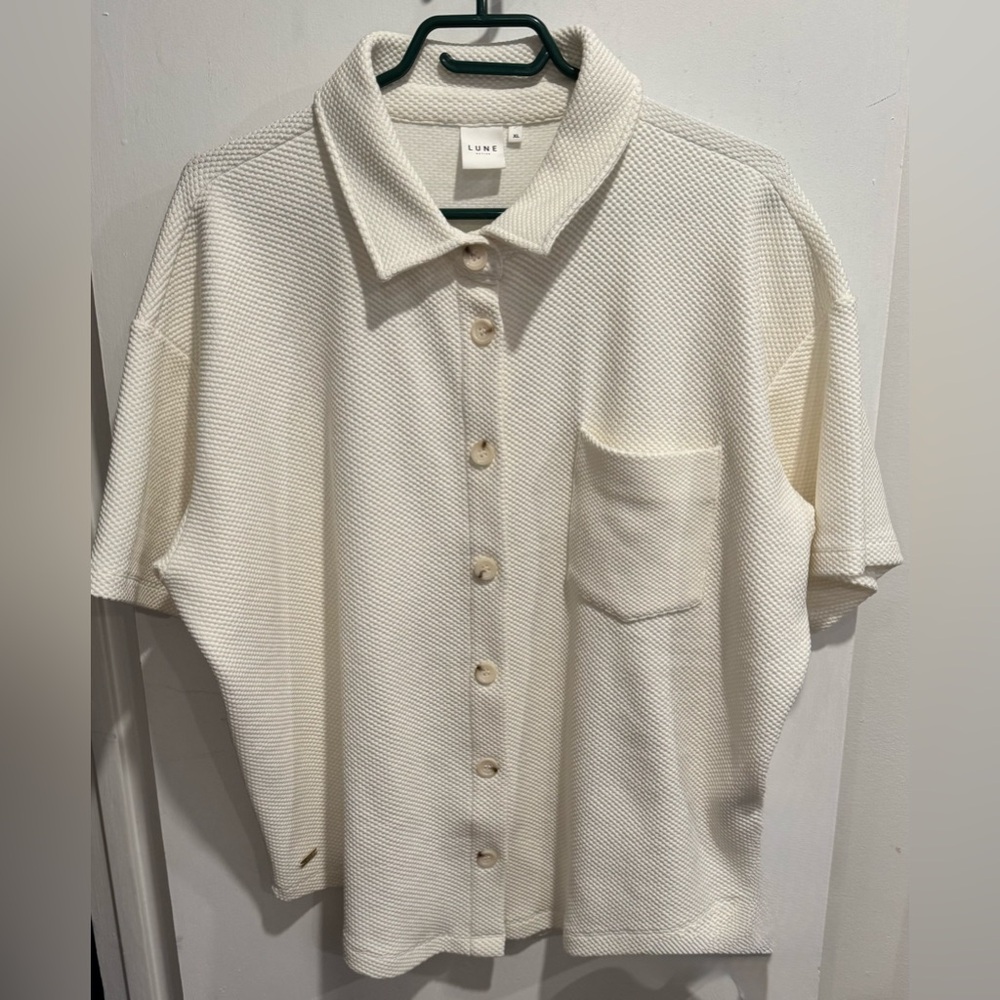 Lune Active moon cotton blend boxy blouse shirt cream oversized waffle 70's XL